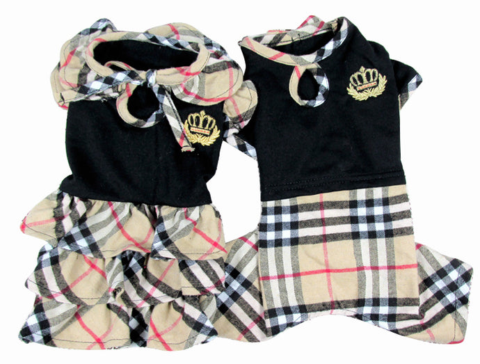 100% Cotton Black Plaid Crown Design Pet Couples Jumpsuit/Dress Pants Shirt