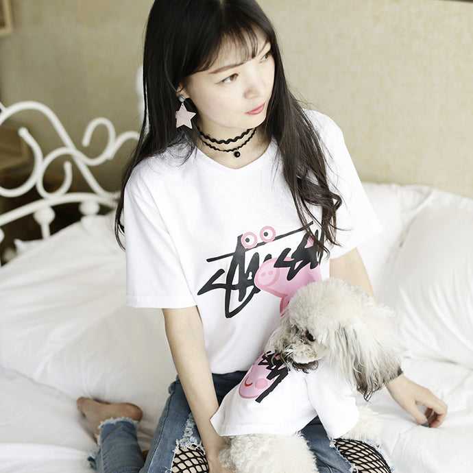 Owner/Pet Matching Summer Pink Pig White T-Shirt